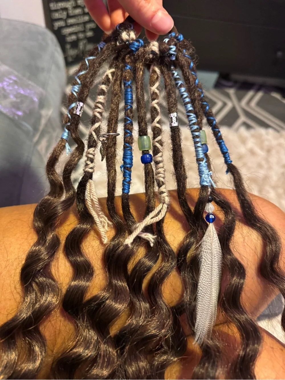 Boho Curly Brown Hair Extensions with Blue Bead Accents